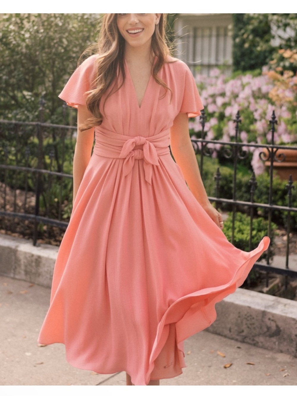 Gal Meets Glam Coral-Peach Midi Dress with Tie Front